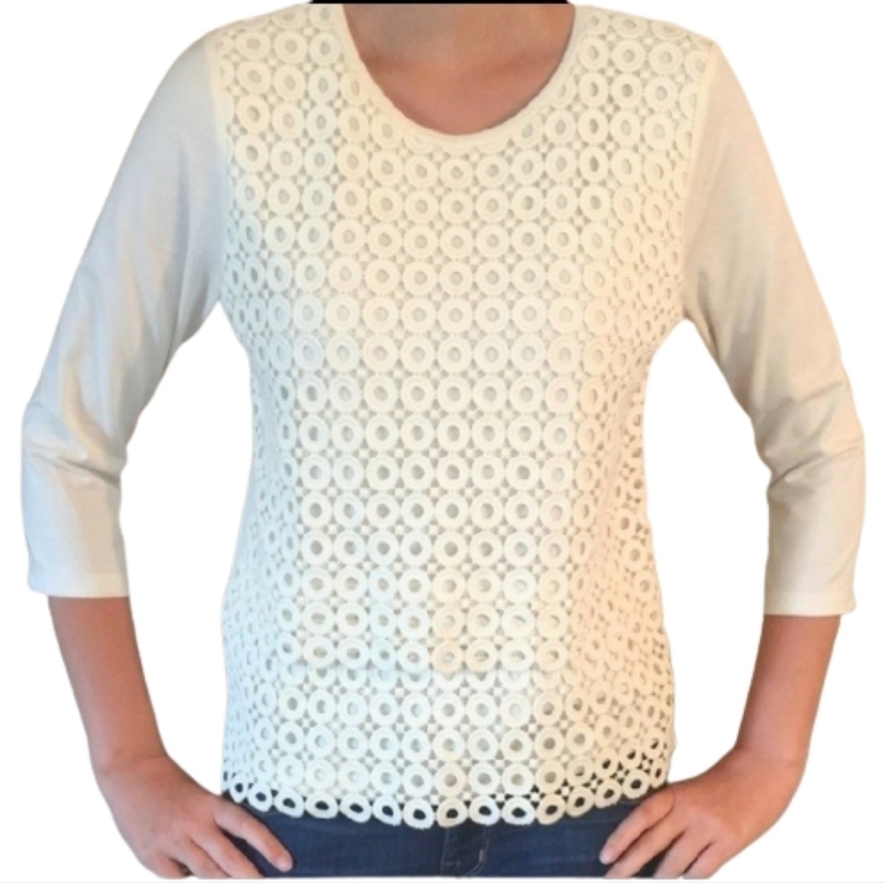 J. Crew White Circle Lace Top 3/4 Sleeve Shirt - Picture 1 of 6